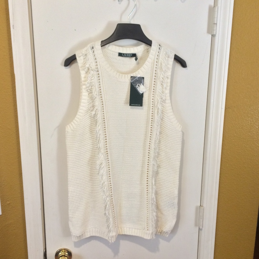 LRL women's XL ivory loose knit fringe sweater vest NEW ~ NWD small fabric pulls
